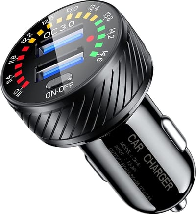 Autolader, dubbele QC3.0-poort snelle USB-autoladeradapter, 36W/3A snellader voor autotelefoons met kleurrijke voltmeter en aan/uit-schakelaar, geschikt voor telefoon 12/11 Pro/Max/8, Galaxy S21