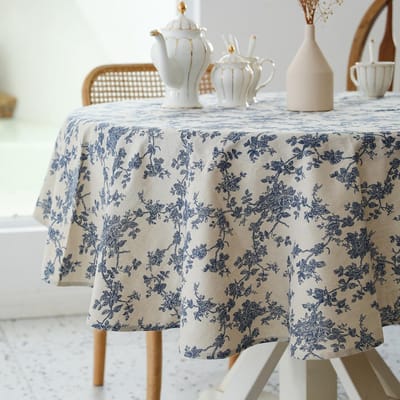 Famanu - Rond linnen tafelkleed in pastoraal design, donkerblauw met decoratieve afwerking