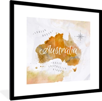 Poster in lijst - Fotolijst 40x40 cm - Posters - Wereldkaart - Abstract - Australië - Posterlijst zwart - Decoratie - Wanddecoratie woonkamer - Muurdecoratie slaapkamer