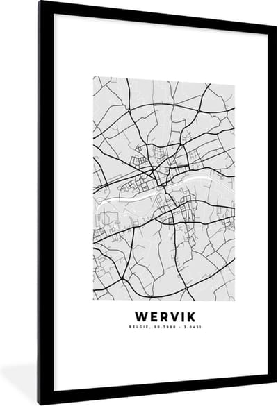 Fotolijst incl. Poster Zwart Wit- België – Wervik – Stadskaart – Kaart – Zwart Wit – Plattegrond - 60x90 cm - Posterlijst
