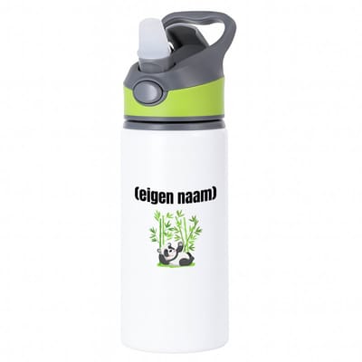Hacebo® - liggende panda en bamboe met eigen naam waterfles met rietje groen - Panda - panda liefhebbers - iemand die houdt van panda's - verjaardag - cadeau - kado - water fles - 650ML
