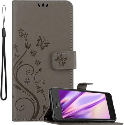 Cadorabo Hoesje geschikt voor Motorola MOTO C in BLOEMEN GRIJS - Beschermhoes in bloemmotief met magnetische sluiting, standfunctie en kaartsleuven Book Case Cover Etui