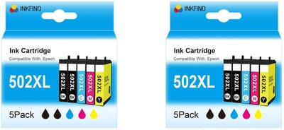 INKFIND 502XL inktcartridge voor EPSON 502XL inktcartridge multipack van 10 stuks (2*5pack = Zwart x 4, Cyaan x 2, Magenta x 2, Geel x 2)