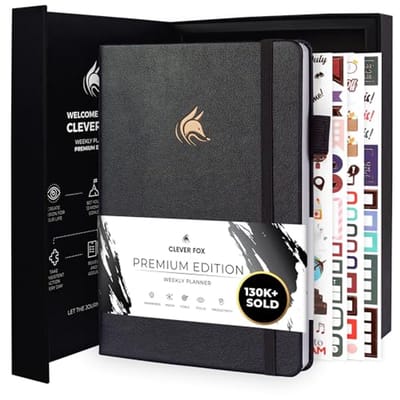 SnelShoppen - Clever Fox Premium Week- & Maandplanner A5 - Luxe Organizer voor Productiviteit - Ongedateerd, Zilverzwart, 1 Jaar, Doelen Bereiken