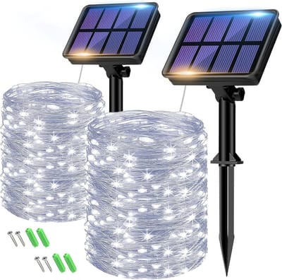 Solar Fairy Lights Set van 2 - Weerbestendige Buitenverlichting met 8 Modi, IP65 Waterdicht en Koperdraad, Koude Witte Verlichting voor Tuin en Terras