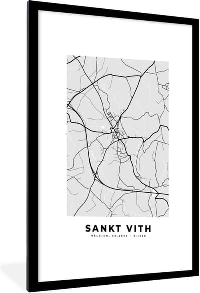Fotolijst incl. Poster Zwart Wit- België – Sankt Vith – Stadskaart – Kaart – Zwart Wit – Plattegrond - 60x90 cm - Posterlijst