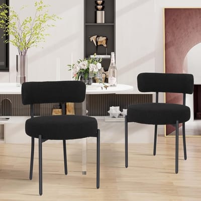 Puluomis Eetkamerstoelen - Set van 2 - Teddy Fleece - Lamsvacht - Metalen poten - Stoelen - Zwart - Gevoerde zitkussens - Gebogen rugleuning