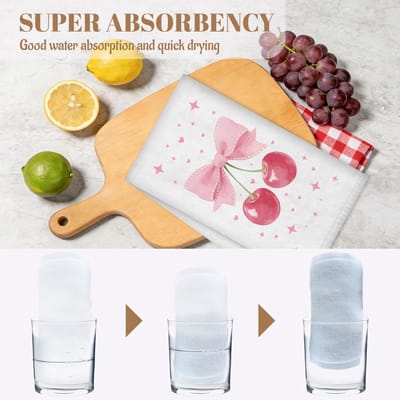 4 stuks schattige boog kersen handdoeken, roze coquette decoratieve keuken theedoeken 61 x 40 cm microvezel absorberende zachte hand thee vaatdoek voor koken bakken badkamer vakantie