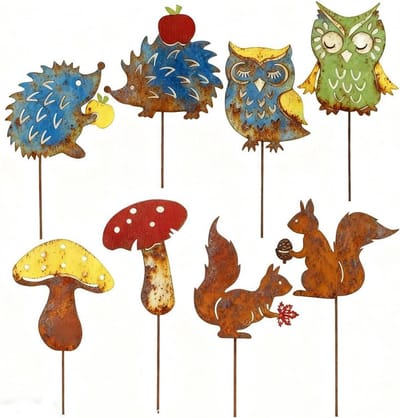 Tuinstekers Set - Herfst Decoratie - Tuin Aankleden - Roestlook Metaal - 8 Delig - Bruin