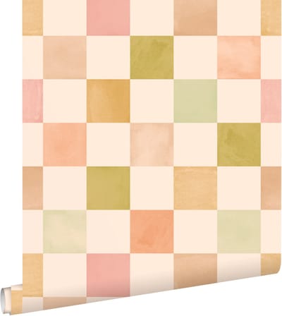 ESTAhome behang geblokt motief beige, roze en groen - 50 x 900 cm - 131721