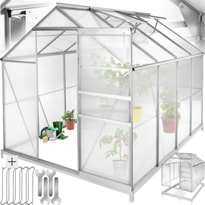 tectake® Aluminium Kas - 250 x 185 x 195 cm - Kas, Tomatenhuis, broeikas , Plantenhuis - UV-Bestendig, 4 mm Paneel - Schuifdeur & Dakraam - Bescherming Tegen Kou, Regen en Vorst - Met Fundering