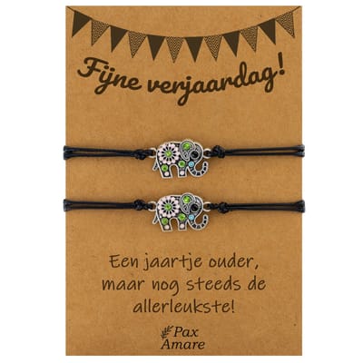Vriendschapsarmbandjes voor 2 "Fijne Verjaardag" - Olifant - BFF Armbandjes met Cadeau Kaartje - Zwart & Zilverkleurig - Elastisch Verstelbaar - Pax Amare