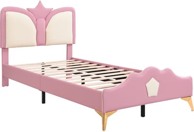 Gestoffeerd bed, eenpersoonsbed, kinderbed, kroonvormig hoofdeinde, zachte, schokabsorberende sponsrand en hoofdeinde, speelse kleurencombinatie, PU + ijzer + spons, roze + wit, 90x200cm