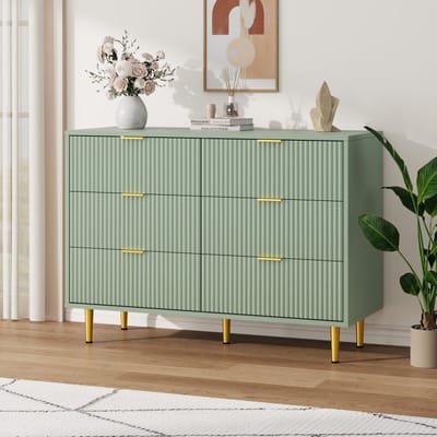 Ladekast met 6 Lades - Modern Dressoir met Gegolfd Design - Gouden Handgrepen & Poten - Kantelbeveiliging - 100 x 40 x 75 cm - Olijfgroen