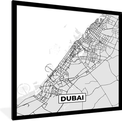 Fotolijst incl. Poster Zwart Wit- Dubai - Stadskaart - Plattegrond - Zwart Wit - Kaart - 40x40 cm - Posterlijst