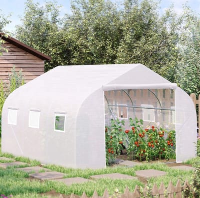 MEUNIQ tunnelkas 445 x 299 x 205 cm met metalen frame, 6 oprolbare ramen met gaas, oprolbare ritssluitingdeur, UV-beschermende folie voor tuin en teelt, wit