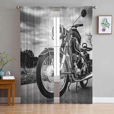 Motorfiets Op De Weg Vintage Transparante Gordijnen voor Woonkamerdecoratie Raamgordijnen Keuken Tule Voile Organza Gordijnen W135 x H137cm x1