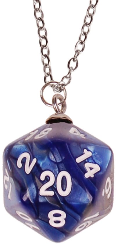 Ketting Zilverkleurig 55cm - Hanger DnD D20 dobbelsteen blauw/grijs 2,5cm