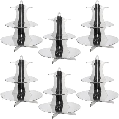 Dailygoods - SINJEUN 6 Packs 3-laags kartonnen cakestandaard, zilveren folie Cupcake display toren, geschulpte kartonnen Cupcake houder, Cupcake serveerstandaard voor middagthee, verjaardag, bruiloft