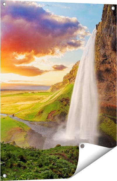 Gards Tuinposter Waterval in IJsland met Zonsondergang - 60x80 cm - Tuindoek - Tuindecoratie - Wanddecoratie buiten - Tuinschilderij