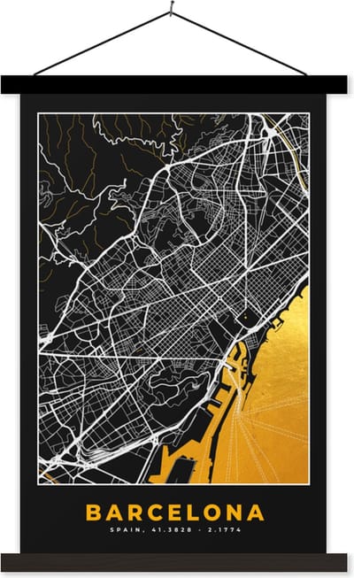 Posterhanger incl. Poster 40x60 cm - Schoolplaat - Barcelona - Stadskaart - Plattegrond - Goud - Kaart - Textielposter - Zwarte latten - Stadskaart