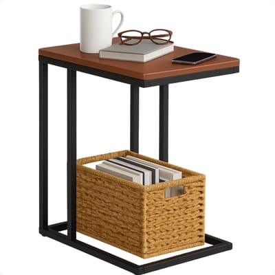 Lomera Bijzettafel Metaal En Mdf - Zwart Metalen Frame - Bruin Mdf Tafelblad - Afgeronde Hoeken - Banktafeltje - Industriële Stijl - Compacte Bijzettafel - Stelpootjes - Lichtgewicht Tafel - Moderne Bijzettafel
