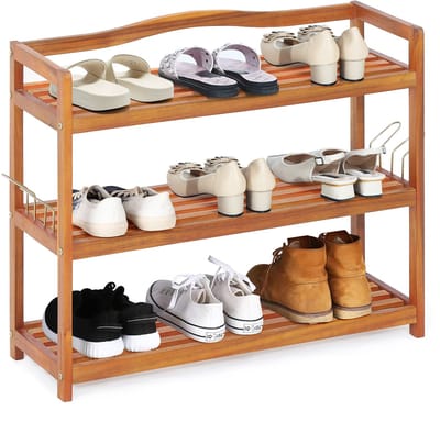 COSTWAY Schoenenrek van acaciahout, schoenenrek met metalen haken aan de zijkant, schoenenopslag houdt tot 12-18 paar, staand rek 74 x 26 cm voor hal, entree, woonkamer (3 niveaus)