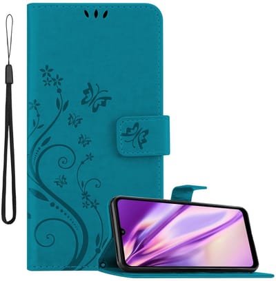 Cadorabo Hoesje geschikt voor Huawei Y6P in BLOEMEN BLAUW - Beschermhoes in bloemmotief met magnetische sluiting, standfunctie en kaartsleuven Book Case Cover Etui