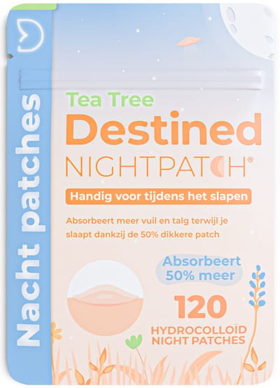 Destined Nightpatch® Pimple Patch - High-Grade Hydrocolloïd - Absorbeert 50% meer - Puistjes Absorberende Pimple Patches met Tea Tree en Calendula in 1 Formaat 12mm - Vegan - Acne Patches - Puisten Verwijderaar - Met E-Book