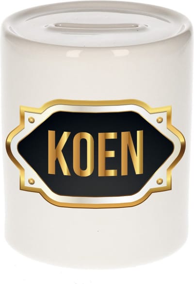Spaarpot met voornaam Koen - wit - met goud/zwart embleem - 8 x 9 cm - keramiek - met afsluitdop - cadeau verjaardag