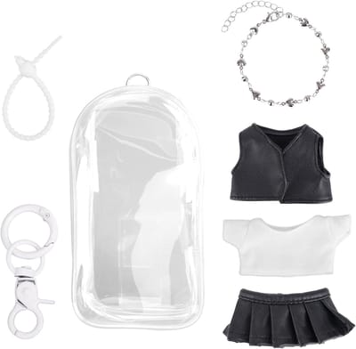 Duidelijke Figuren Tas met 17 cm Pop Kleding Set, Accessoires, Sleutelhanger en Pluche Bal voor Opberging en Tentoonstelling