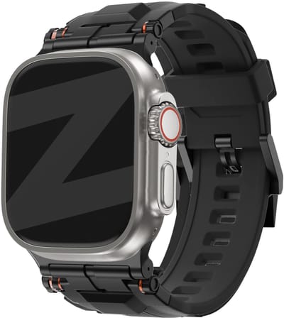 Bandz Liquid silicone band 'Explorer' - Luxe horlogeband geschikt voor Series Apple Watch 1/2/3/4/5/6/8/9/10/11/SE(2-3)/Ultra(2-3) - iWatch bandje voor grote maten 44mm 45mm 46mm 49mm (zwart met zwarte connectors)