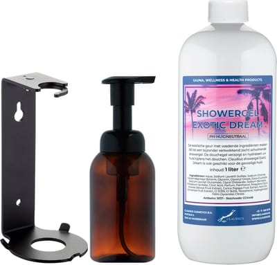 Zeepdispenser 300 ml amber bruin hervulbaar + 1 liter Showergel Exotic Dream navulling (inclusief beugel)