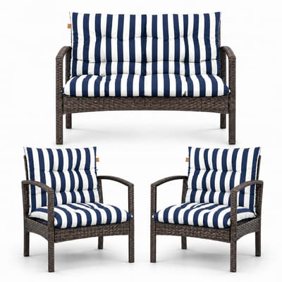 Blomster Tuinkussens voor tuinmeubelset, gewatteerde 3-delige kussenset, waterafstotende kussens voor stoelen en tuinbank, compleet voor balkon, terras en tuin, marineblauw gestreept