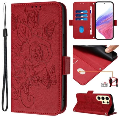Voor Samsung Galaxy S24 Ultra 5G reliëf Rose RFID anti-diefstal lederen telefoonhoesje (rood)