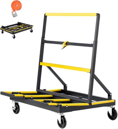 Zware Gipskarrenwagen, Capaciteit 816 kg, Stalen Constructie met Zwenkwielen en Verstelbaar Platform, Opvouwbare Panelenwagen met Spanband voor Het Transport van Multiplex, Gipsplaat en Glas