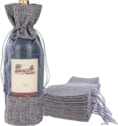 5-12 Inch 12 stks Grijs Linnen Trekkoord Wijntas met Organza Venster voor Wijnproeverijen en Feesten - Valentijnsdag Bruiloft Gift Bag bottle bag