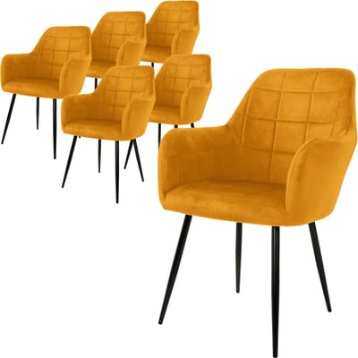 Set van 6 eetkamerstoelen met rugleuning & armleuningen mosterd fluwelen bekleding vierkante quilting met metalen poten ML-Design