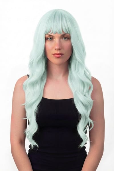 KIMU® Luxe Lange Mintgroene Pruik Met Slag - Rechte Pony - Haarwerk Krullen Pony - Mint Munt Groen Lichtgroen Festival