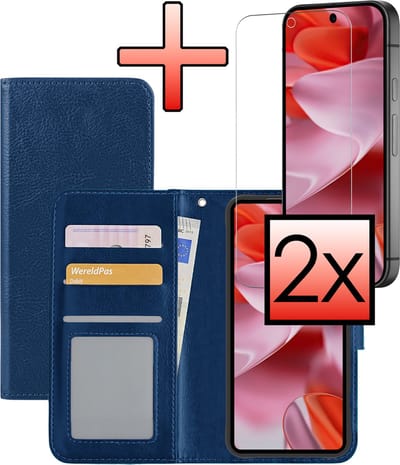 Hoesje - Met 2x Screenprotector - Geschikt voor Google Pixel 9 - Luxe Pasjeshouder - Bookcase Portemonee - Flip Case - Kunstleer Book Case - Flipcase Hoes - Book Cover - Walletcase - Portemonneehoes - Donkerblauw