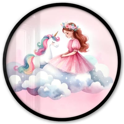 Poster in lijst Rond - Fotolijst 40x40 cm - Posters - Eenhoorn - Prinses - Unicorn - Roze - Wolken - Ronde posterlijst zwart - Decoratie - Wanddecoratie woonkamer - Muurdecoratie slaapkamer