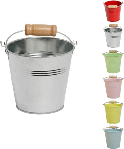 Decoratieve Zinken Emmer Klein met Houten Handvat - 8,5 x 8 cm - Zilver