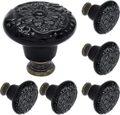 Set van 6 Kastknoppen met Zwarte Bloem - Meubelknoppen Keramiek Rond - Vintage/Antiek handgreep voor deur en lade