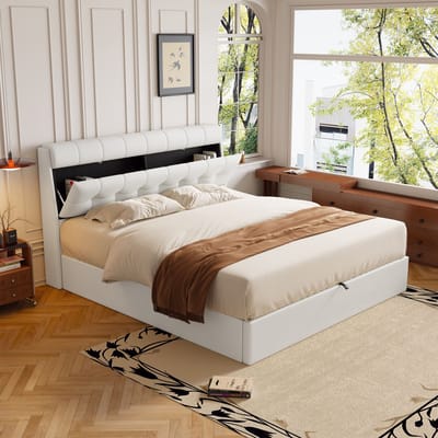 Gestoffeerd bed 160x200cm - verborgen hoofdsteunopslag - met opbergruimte - inclusief bedframe en hoofdbord - zonder matras - wit