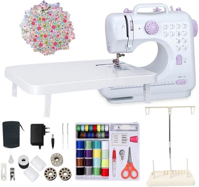 Creatorally 505A Mini Elektrische Naaimachine - 12 steektypen - met 42-delige naaipakket + 25 stuks patchwork + garenhouder - Naaiset - Sewing Machine Beginners Set - Electronische naaimachine - Paars