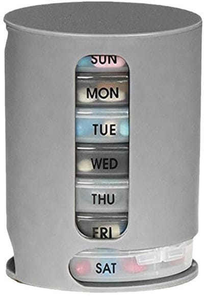 Pillendoos voor 7 dagen, pillendispenser voor een week, pillendoos met 4 vakjes, medicijndispenser, grijze pillendoos