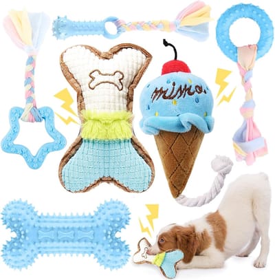 Daity 6-delige set - Bijtspeeltjes voor huisdieren - roze miniatuur kauwspeeltjes voor honden - schattige zachte rubberen puppyspeelgoedset met touw - interactief hondenbotvormig speeltje voor het reinigen van de tanden
