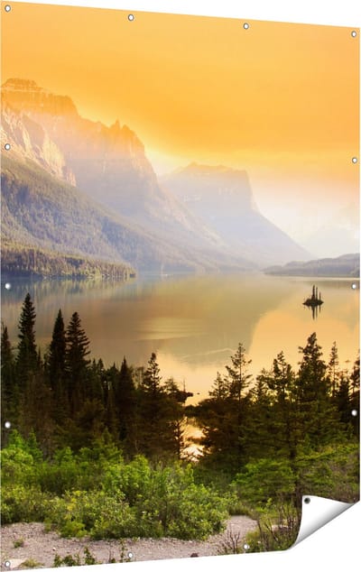 Gards Tuinposter Bergen met een Meer in Nationaal Park Glacier - 120x160 cm - Tuindoek - Tuindecoratie - Wanddecoratie buiten - Tuinschilderij