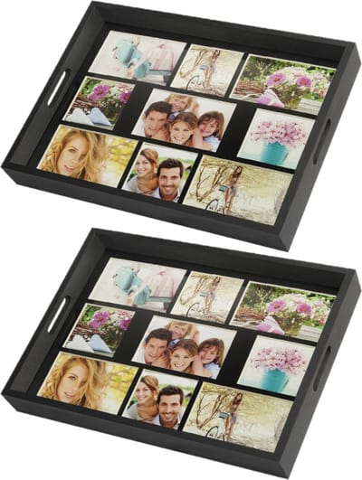 Zep Foto dienblad - 2x stuks - zwart - 45 x 35 cm - hout/glas - geschikt voor 9 foto's in diverse maten - Met Handvatten