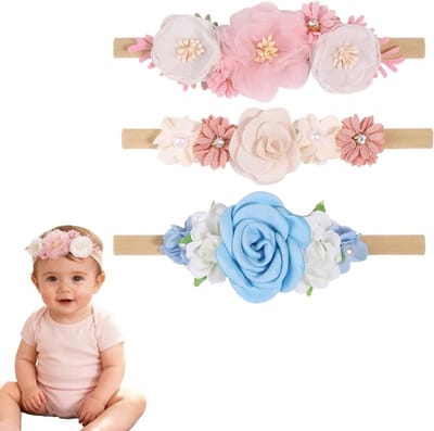 Set van 3 Zachte Elastische Haarbanden voor Baby's met Bloemen en Strikken - Perfect voor Fotoshoots, Dagelijks Gebruik en Cadeaus